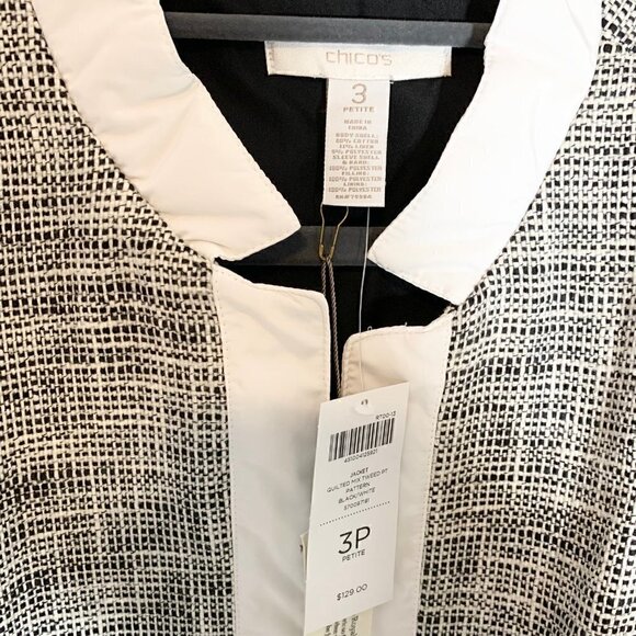 NEW Chico's quilted mix tweed pt pattern black white long sleeve collared jacket - Picture 7 of 12